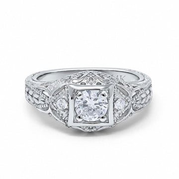 14K White Gold Round Antique Style Wedding Engagement Ring Simulated CZ Size-7